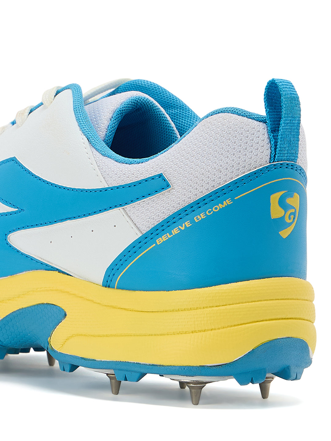 SG - Savage Max Spikes White/Yellow/Sky Blue Cricket Shoes